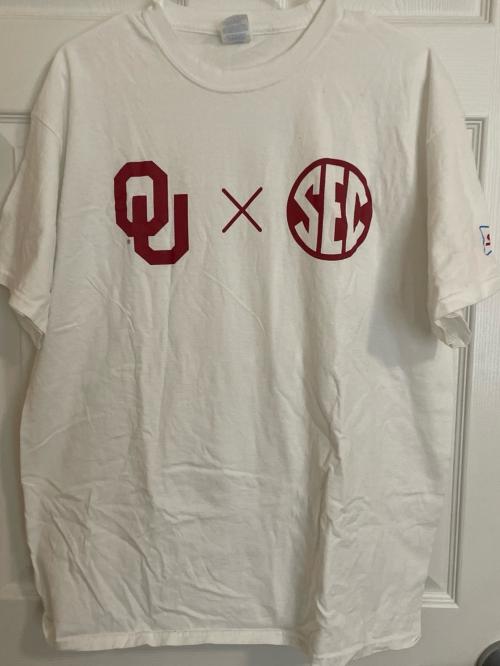 Champion White T-Shirt with Red OU × SEC Logos